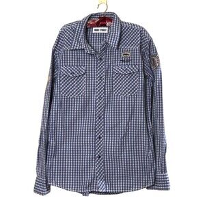 Indigo Syndikat Sz M Men's Checkered Plaid Button Up Long Sleeve Shirt Patches
